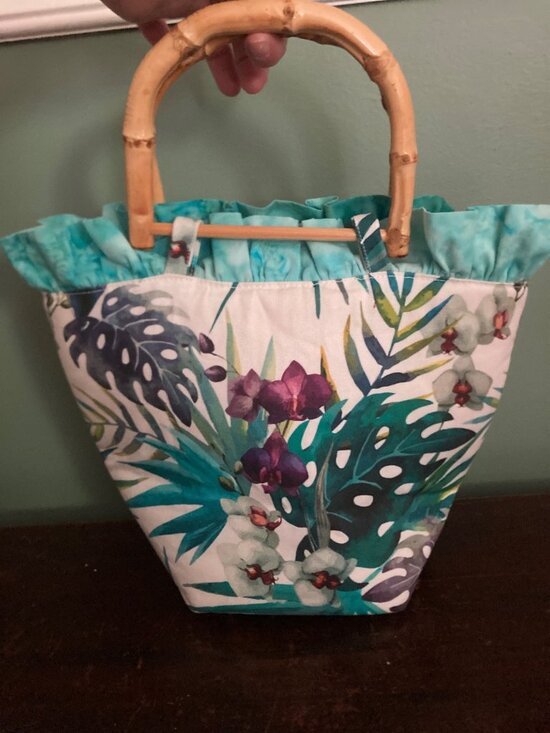 Sandcastle Designs Handbags - Floral Bamboo Handle Tote Bag With Tropical Print By Sandcastle Designs